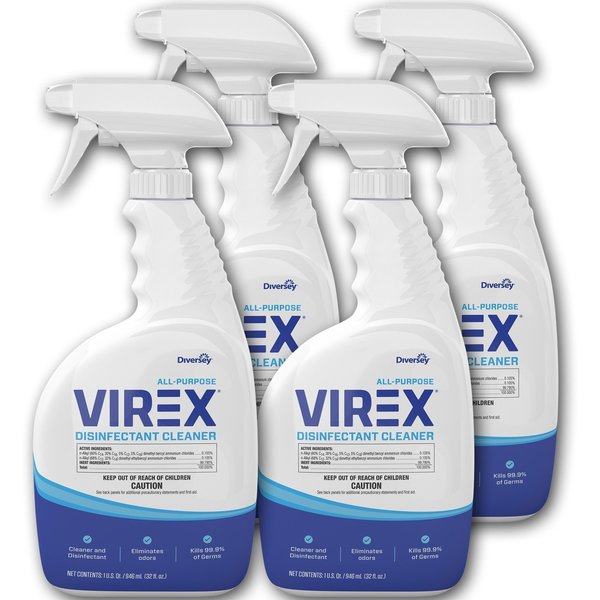 Diversey All-Purpose Virex Disinfectant Cleaner, 32 fl oz (1 quart) Spray Bottle, Citrus, Clear, 4 PK DVOCBD540540